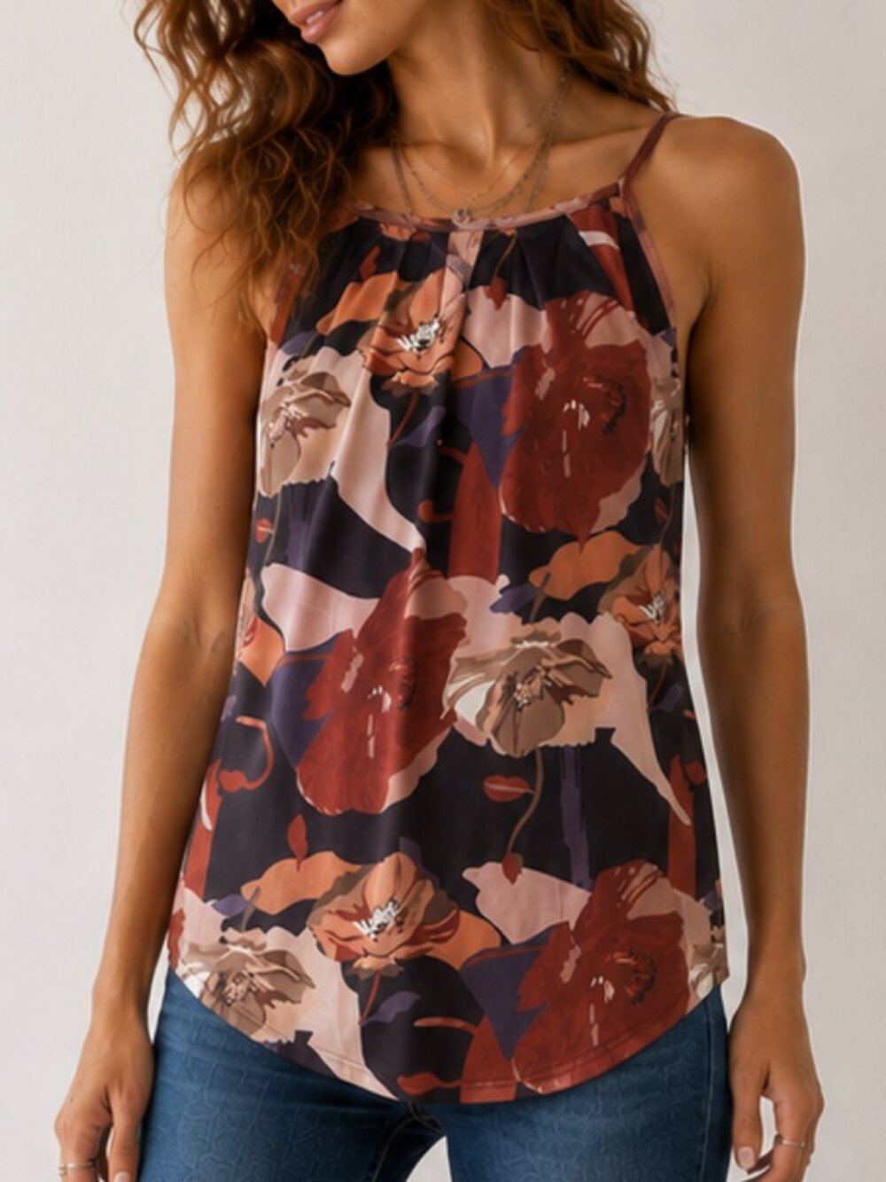 BOUTIQUE Floral Pleated Knit High Neck Loose Fit Tank Cami Top Sz S NWOT
